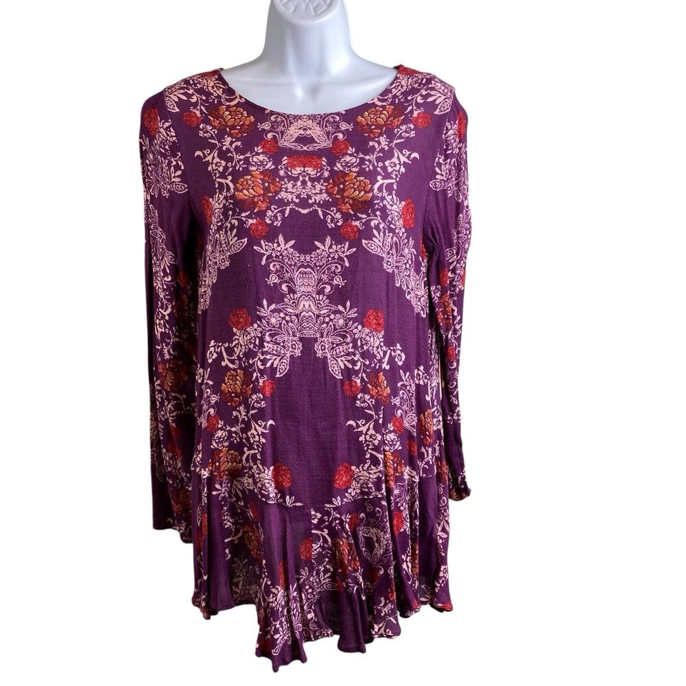 Free People Purple Long Floral Blouse Size XS Oversized Flowy Boho Cottagecore